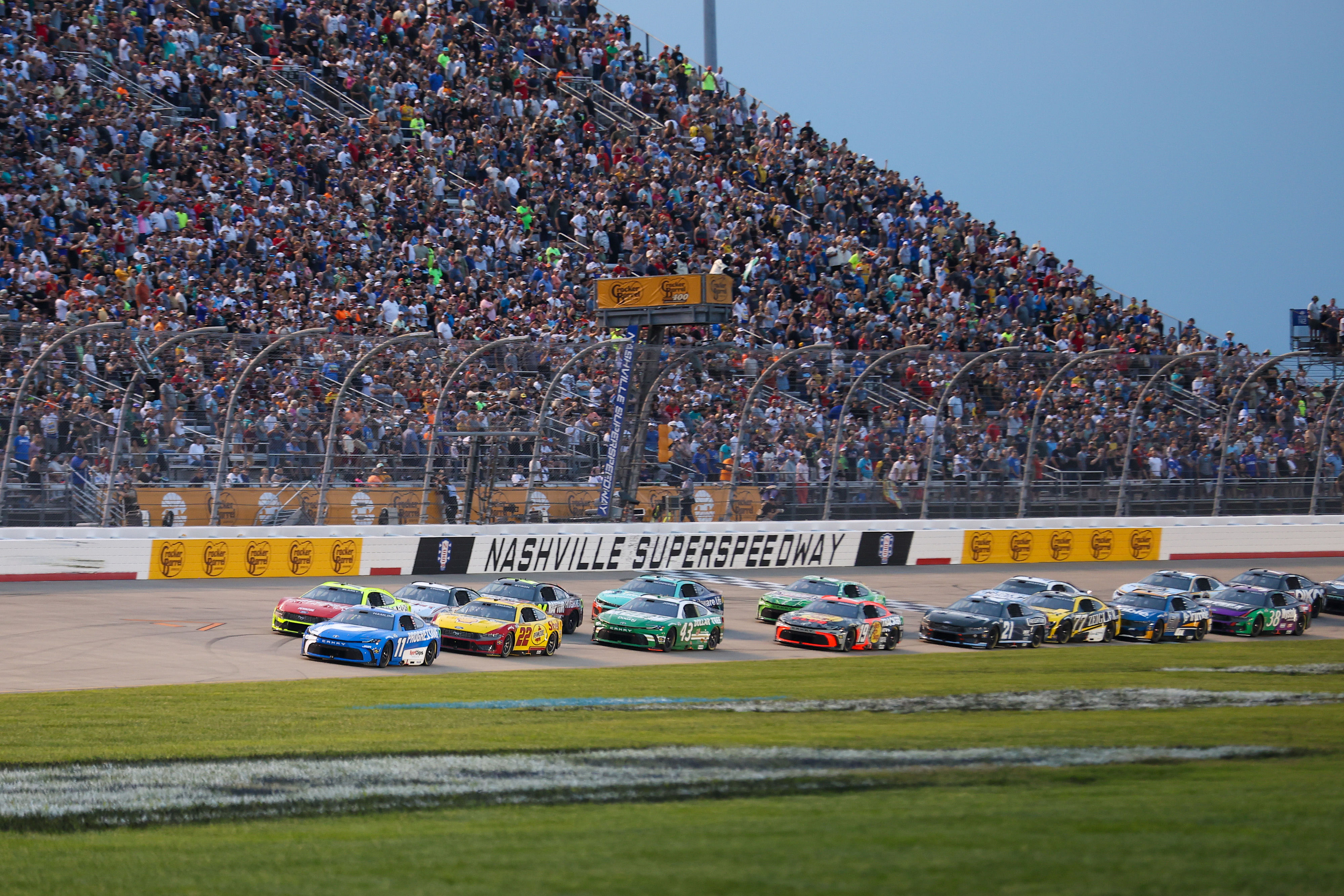 NASCAR Cup Series driver Denny Hamlin (11) leads during the Cracker Barrel 400 at Nashville Superspeedway. Source: Imagn
